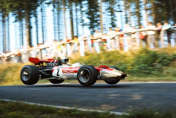 1969 Germany Nurburgring Jochen Rindt (DNF Ignition) Lotus-Cosworth 49B.jpg