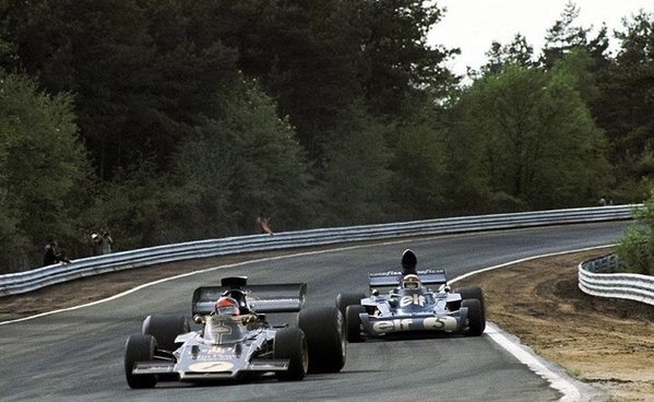 1973 Belgian GP Zolder - Emmerson Fittipaldi (Lotus-Cosworth 72E) & Jackie Stewart(Tyrrell-Cosworth 006) in battle for the win.jpg