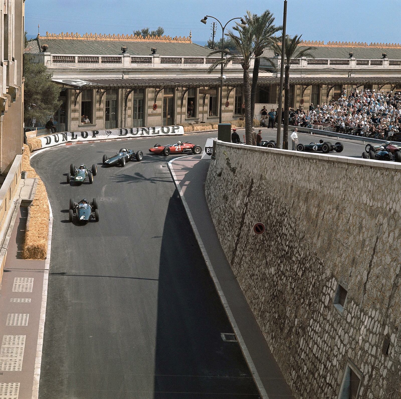 1963 Monaco GP -  Graham Hill (BRM P57), Jim Clarck (Lotus-Climax 25), Richie Ginther (BRM P57), John Surtees (Ferrari 156).jpg